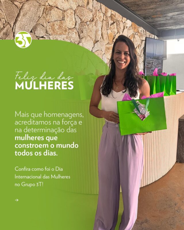 Nosso Dia Internacional das Mulheres em nossa empresa! 🌸🚧 No Grupo 3T, prezamos pela presença de mulheres em nossa equipe, e são elas que nos mostram todos os dias que competência e determinação não têm gênero. Hoje, celebramos a força, a inteligência e a resiliência de todas as mulheres que fazem a diferença dentro e fora dos canteiros de obra. Parabéns a todas pelo Dia Internacional das Mulheres! 💚 #DiaDasMulheres #Grupo3T
